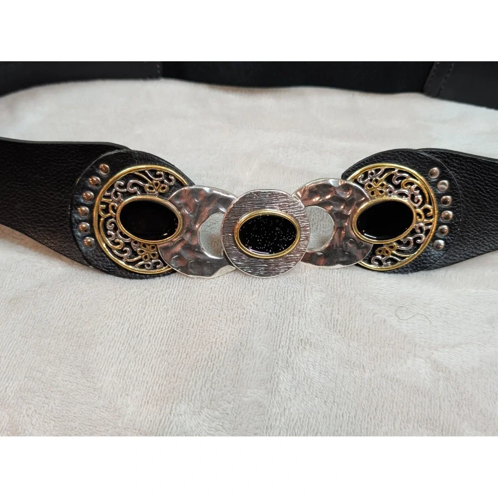Chicos Black Leather Mixed Metal Statement‎ Buckle Belt Cabochon Stones Size M L